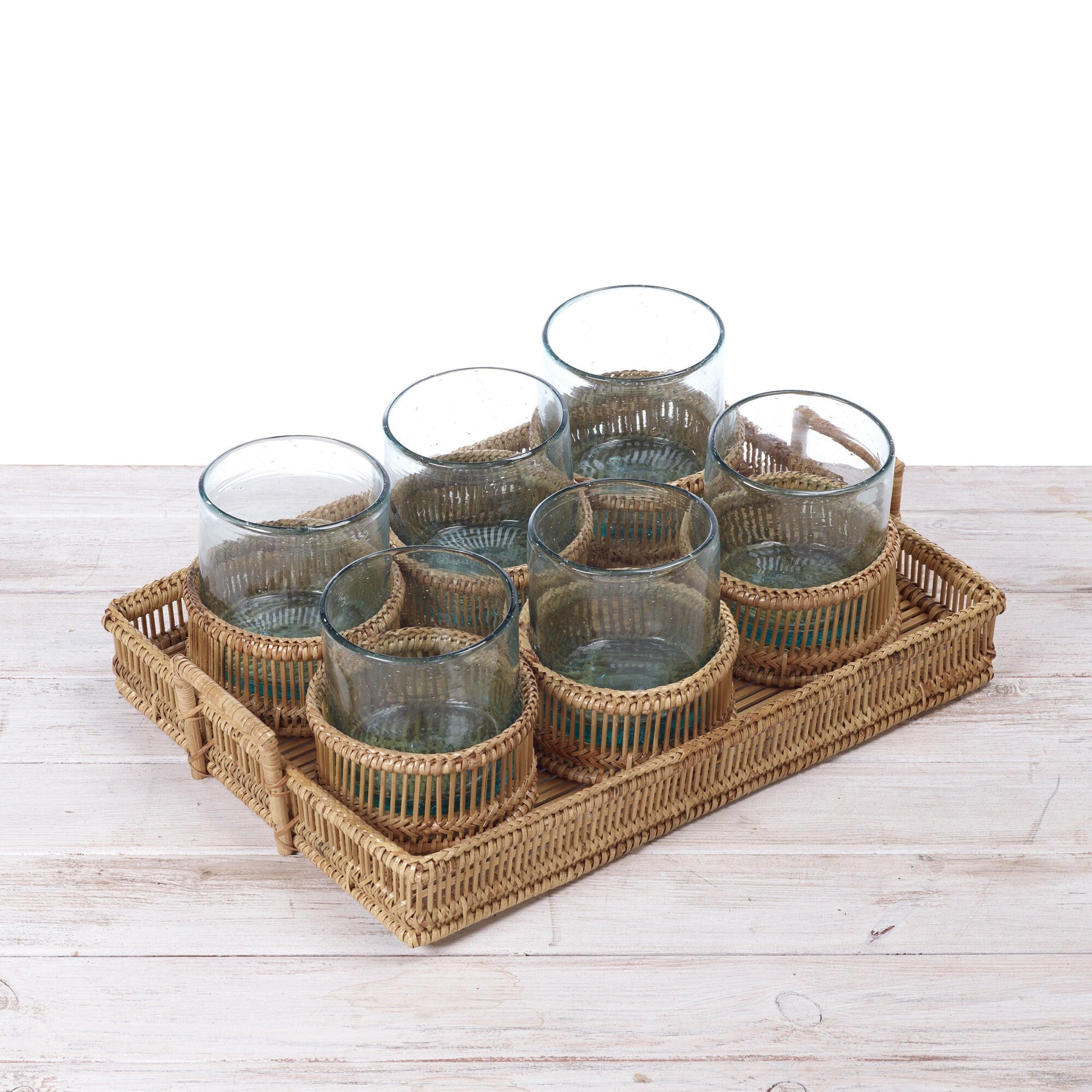 Rattan Short Cylindrical Tea Light Holder with Glass