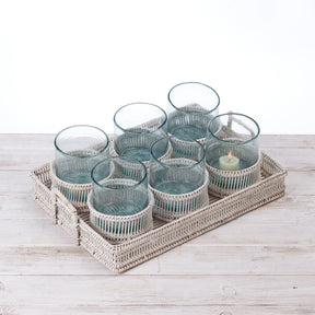 Rattan Short Cylindrical Tea Light Holder with Glass