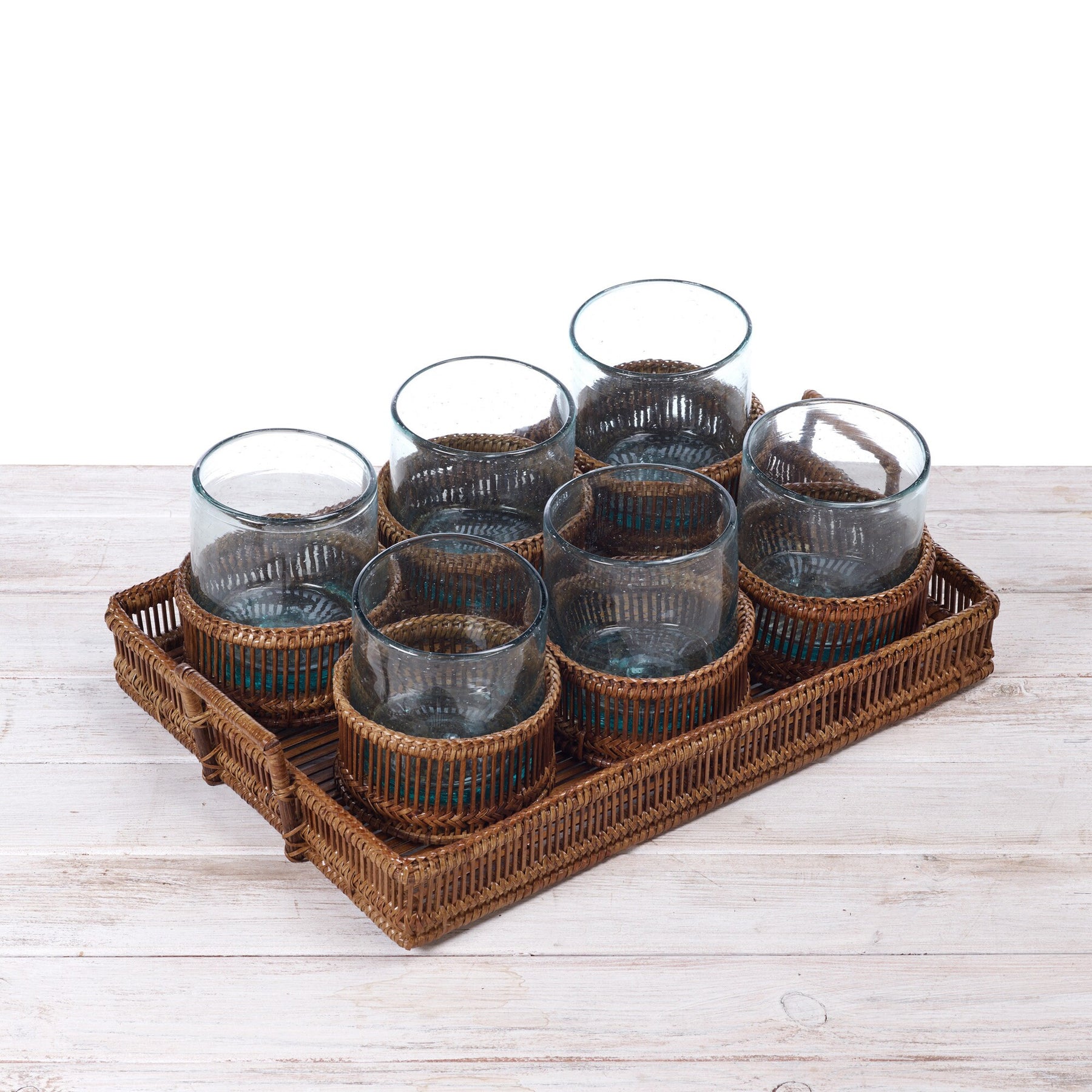 Rattan Short Cylindrical Tea Light Holder with Glass