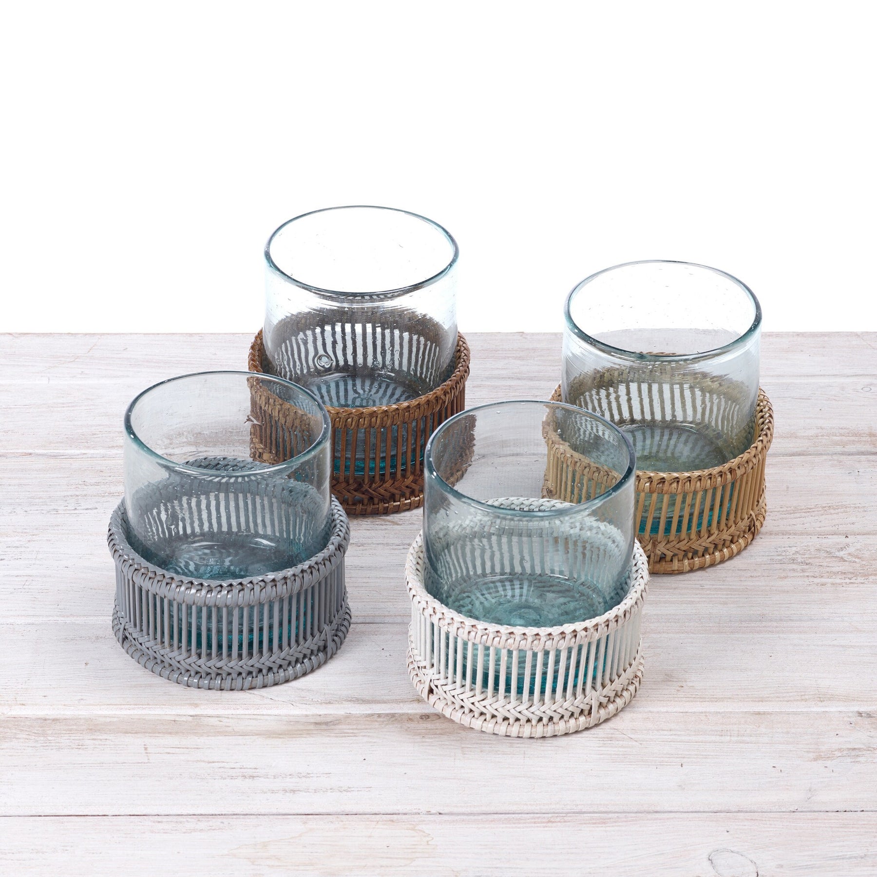 Rattan Short Cylindrical Tea Light Holder with Glass