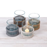 Rattan Short Cylindrical Tea Light Holder with Glass