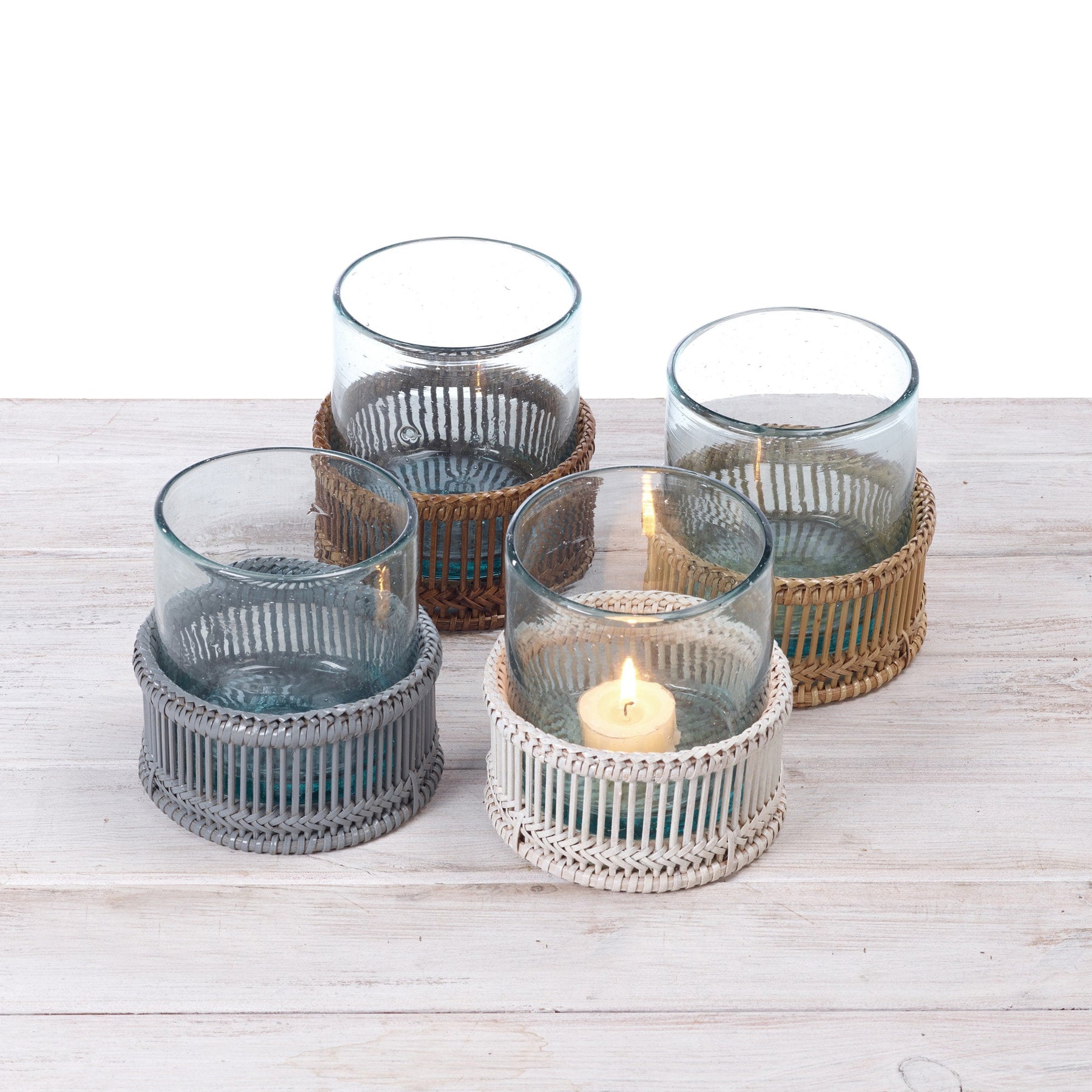 Rattan Short Cylindrical Tea Light Holder with Glass