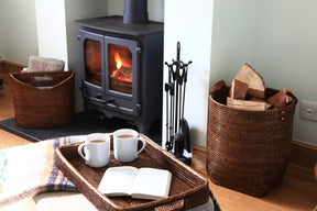 Rattan Tall Storage Basket with Leather Handles