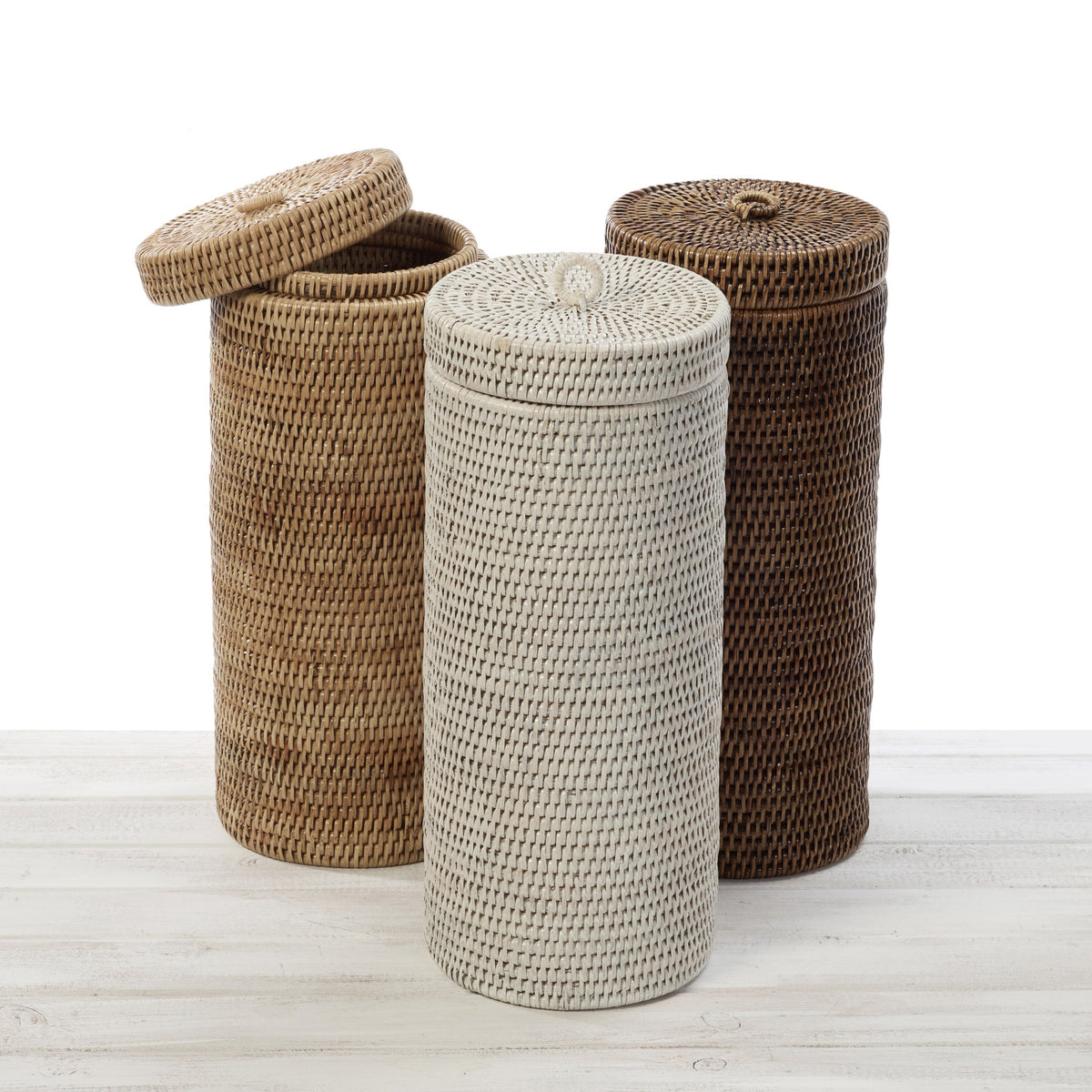 Rattan Tall Toilet Roll Holder with Ring Lid