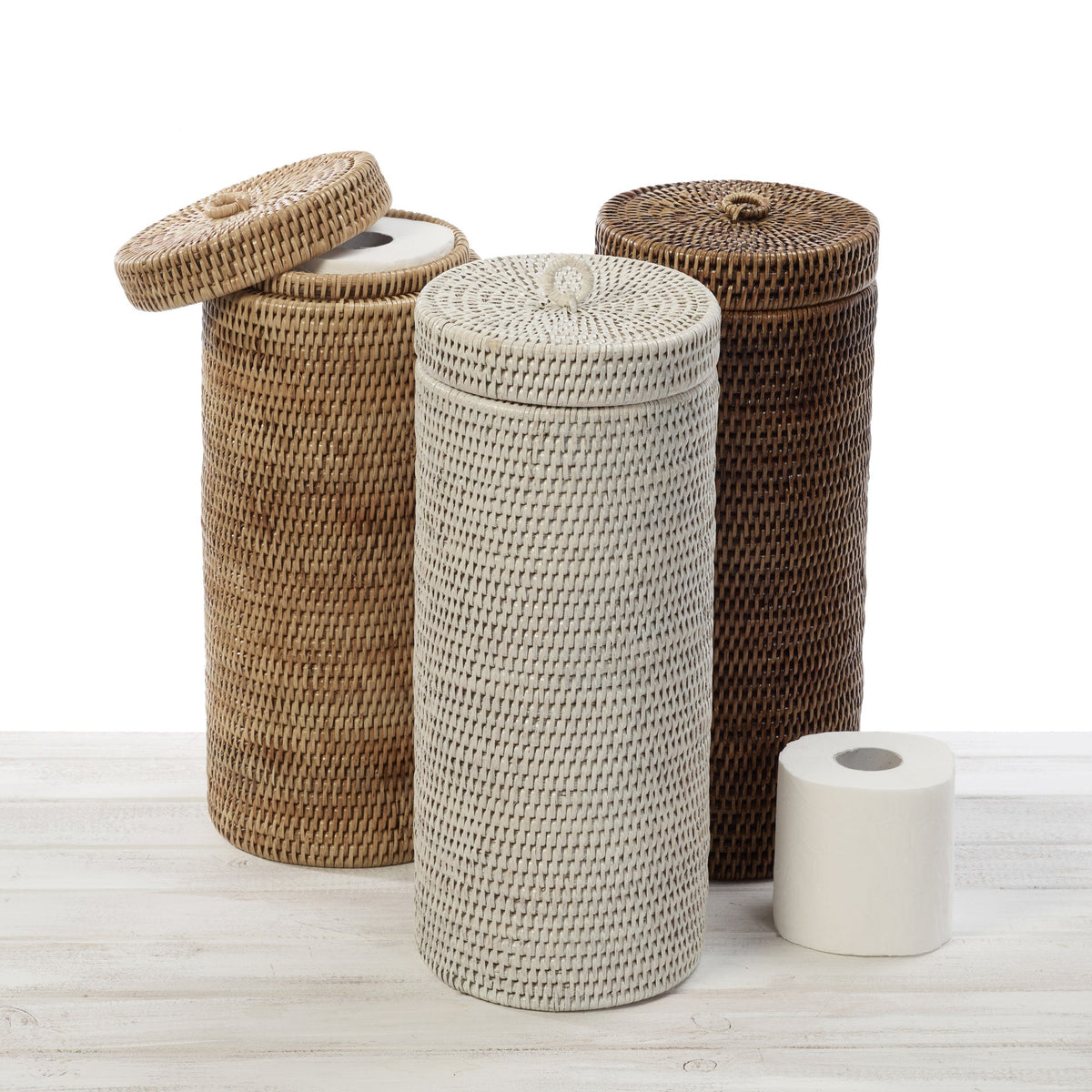 Rattan Tall Toilet Roll Holder with Ring Lid