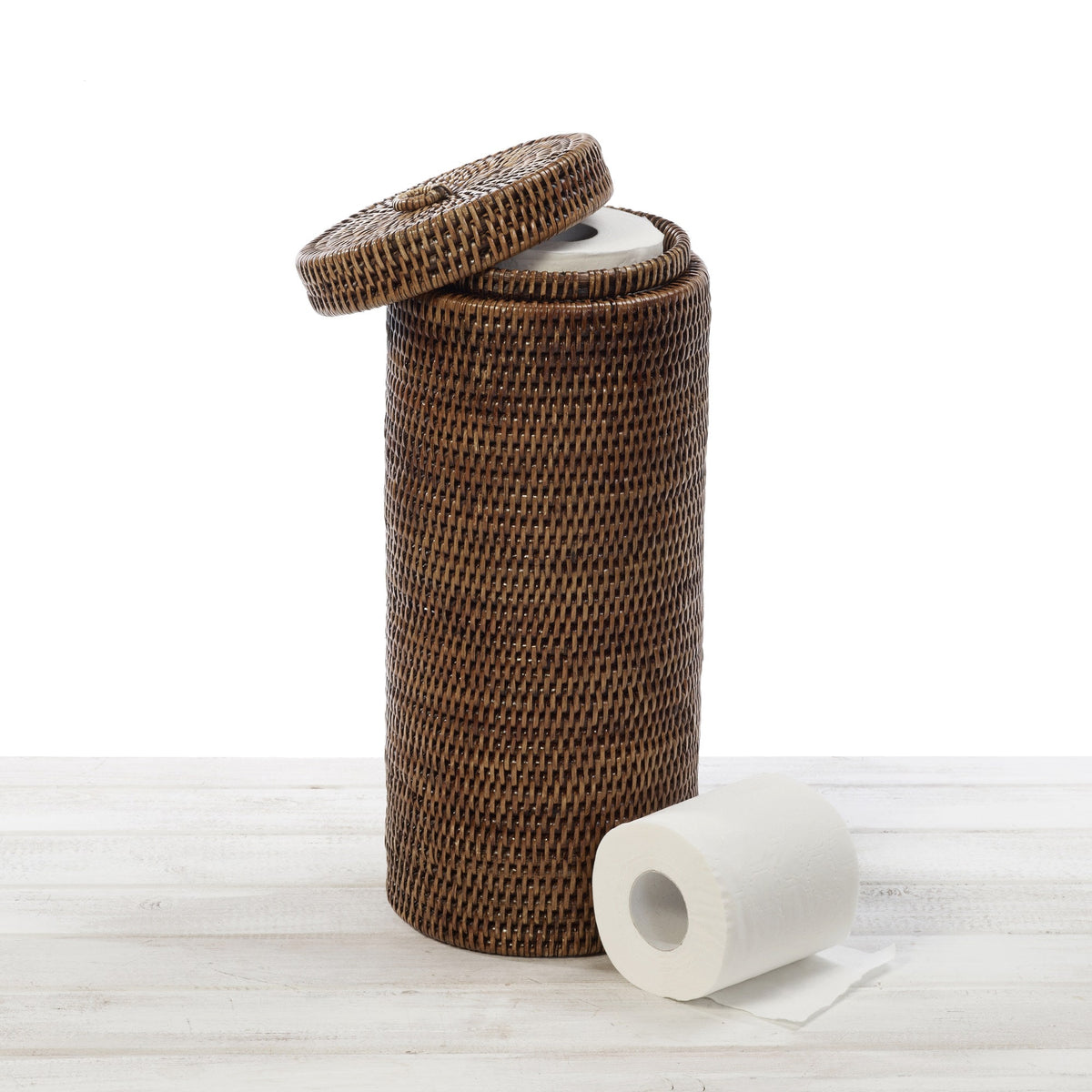 Rattan Tall Toilet Roll Holder with Ring Lid