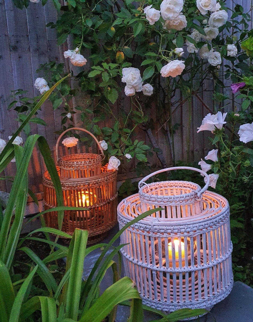 Rattan Large Cylindrical Lantern with Glass Candle Holder