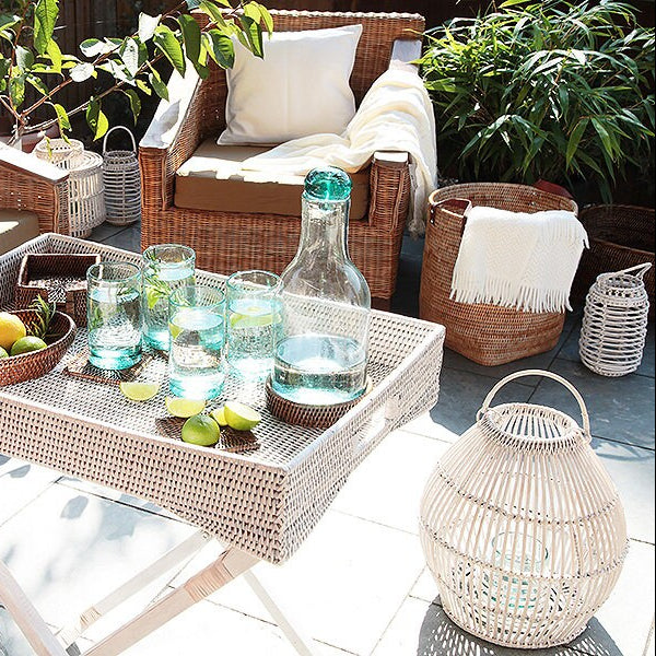 Rattan Large Spherical Lantern with Glass Candle Holder