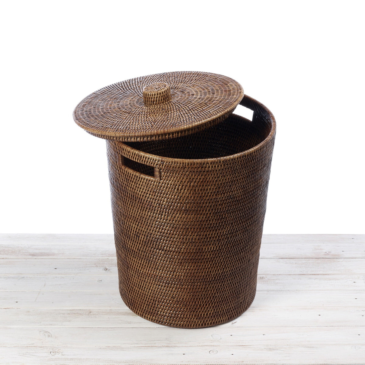 Rattan Short Tapered Laundry Basket / Hamper with Lid and Inset Handles