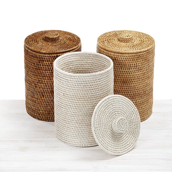 Rattan Lidded Cylindrical Waste Bin with Liner