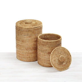 Rattan Lidded Cylindrical Waste Bin with Liner