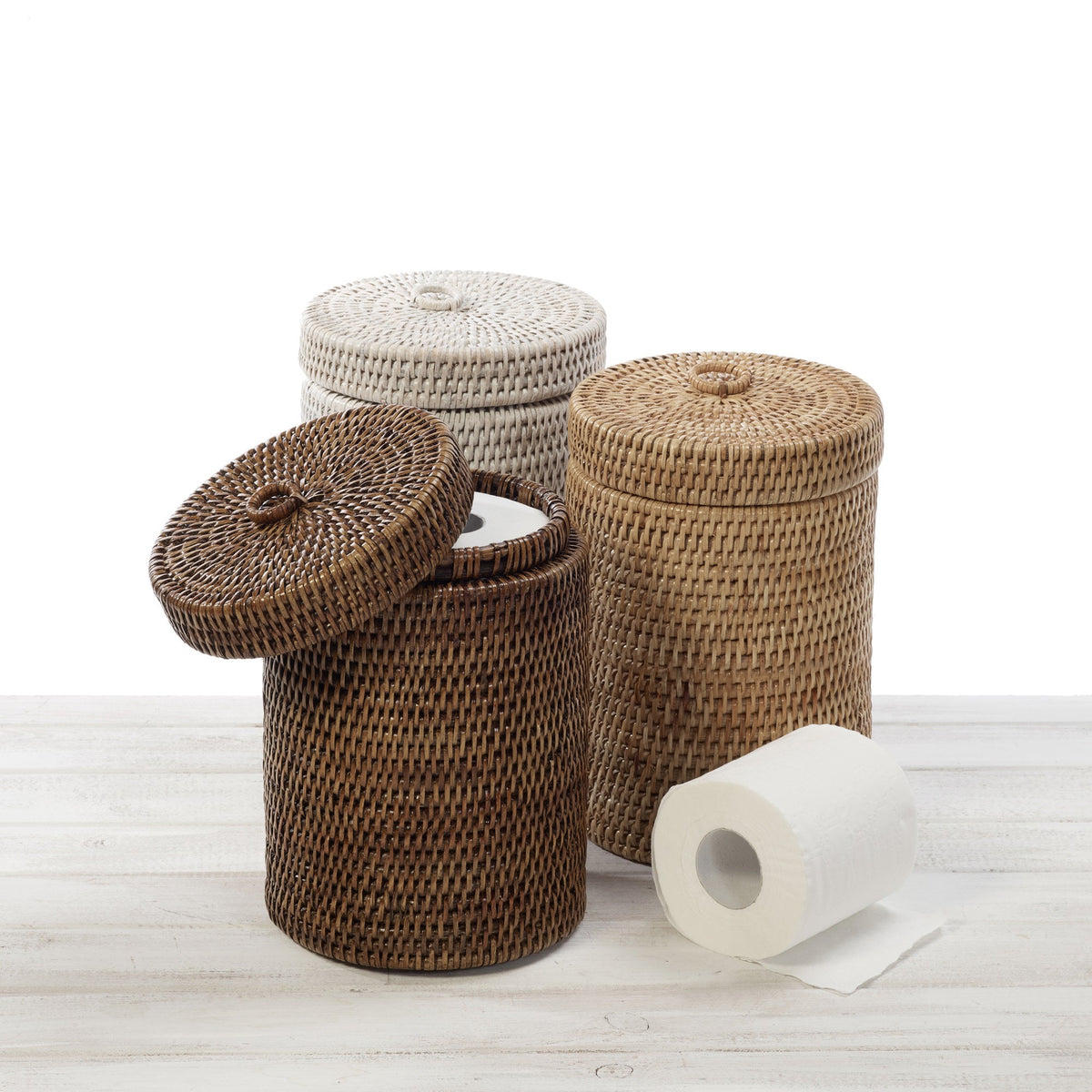 Rattan Short Toilet Roll Holder with Ring Lid